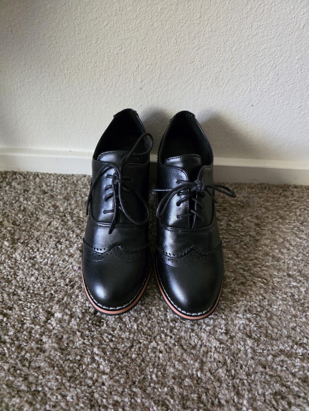 Black Wingtip Oxford Shoes with Brown-Trim Sole